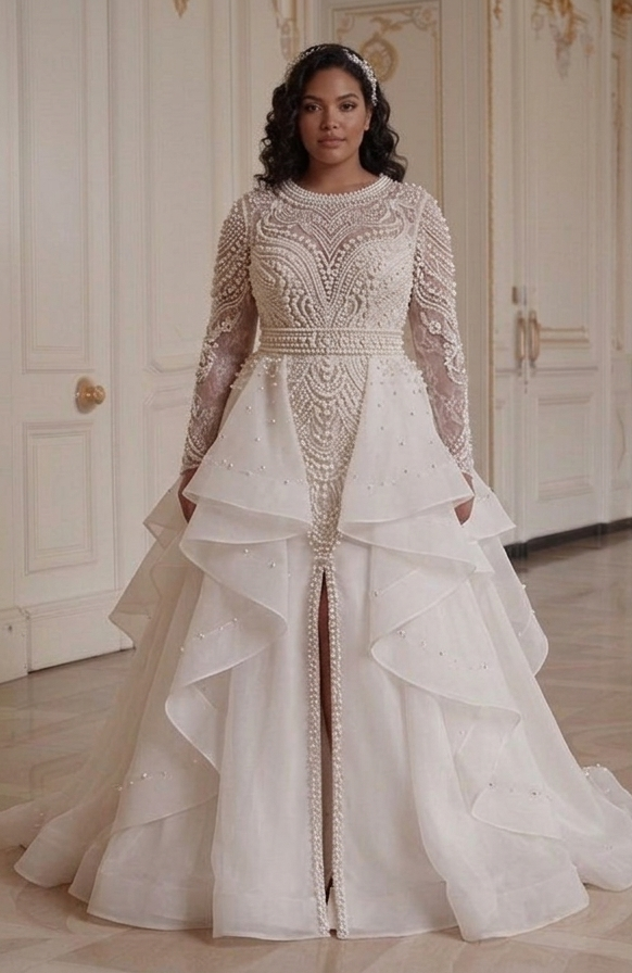 Side-by-side comparison of a woman wearing an elegant white wedding dress with intricate detailing.