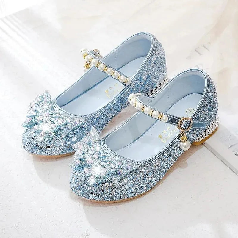 Princess Girls High Heels New Children With Blue Dance Single Girl Crystal Shoes Bowknot Rhinestone Beaded Leather Shoes