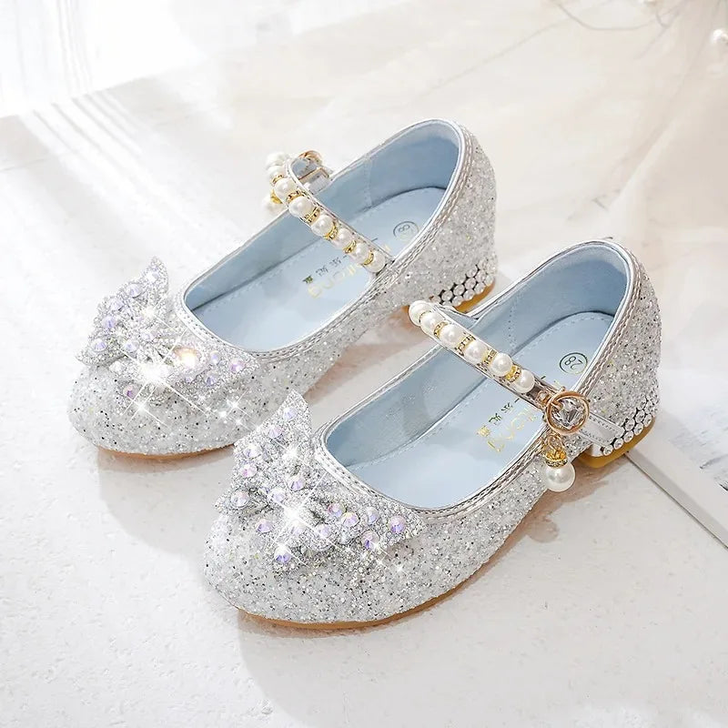 Princess Girls High Heels New 2023 Children With Blue Dance Single Girl Crystal Shoes Bowknot Rhinestone Beaded Leather Shoes Sarah Houston