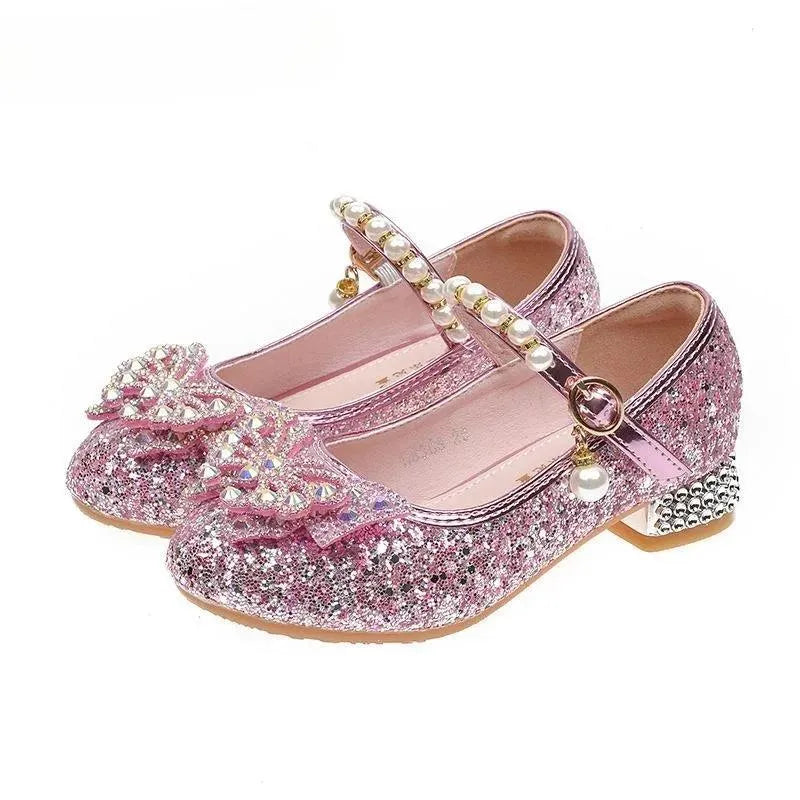 Princess Girls High Heels New Children With Blue Dance Single Girl Crystal Shoes Bowknot Rhinestone Beaded Leather Shoes