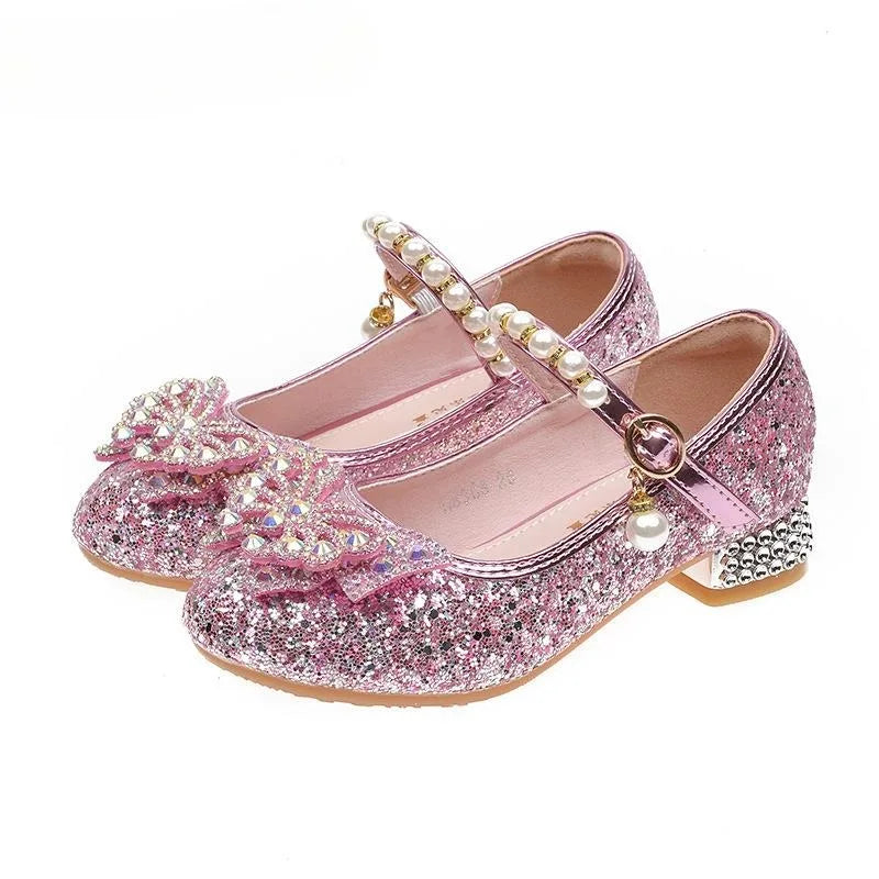 Princess Girls High Heels New 2023 Children With Blue Dance Single Girl Crystal Shoes Bowknot Rhinestone Beaded Leather Shoes Sarah Houston