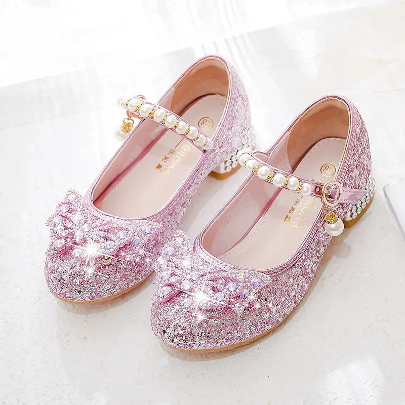 Princess Girls High Heels New 2023 Children With Blue Dance Single Girl Crystal Shoes Bowknot Rhinestone Beaded Leather Shoes Sarah Houston