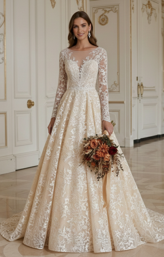 Prinzessinnen-Hochzeitskleid Für Herbsthochzeit Romantische Spitze