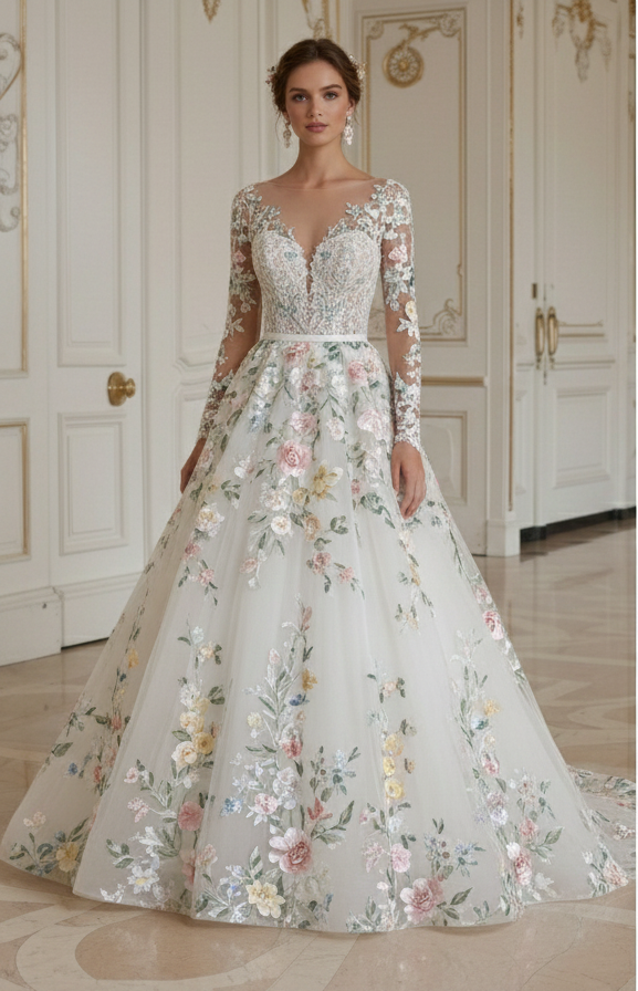 Prinzessinnen-Hochzeitskleid Für Frühlingshochzeit Mit Blumen-Detail