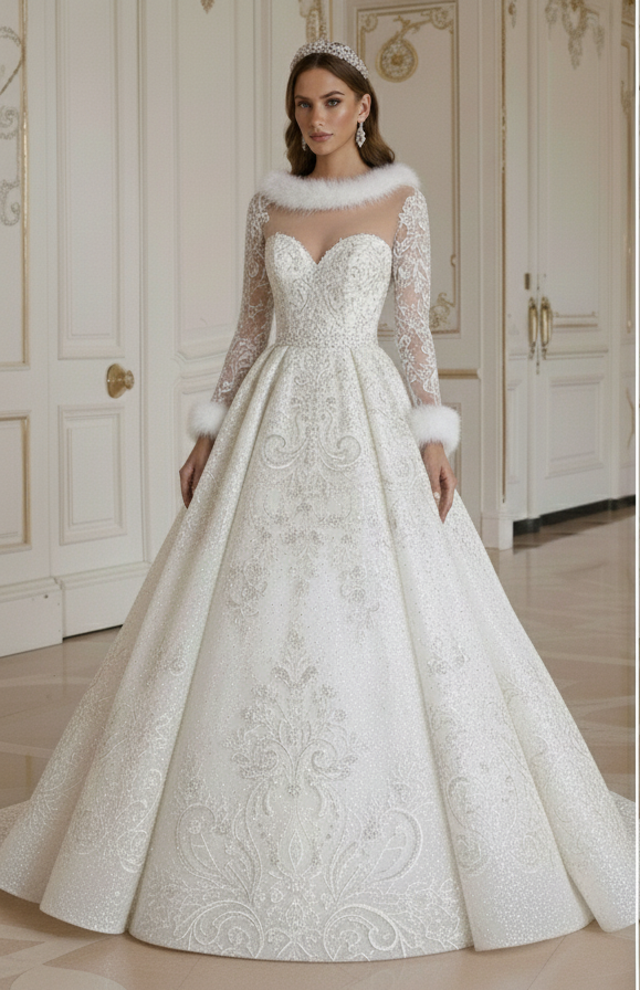 Prinzessinnen-Hochzeitskleid Für Winterbraut Langärmliger Satin
