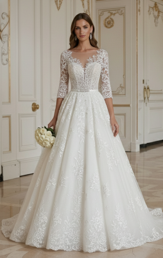 Prinzessin Brautkleid handgefertigtes Spitzen-Ballkleid