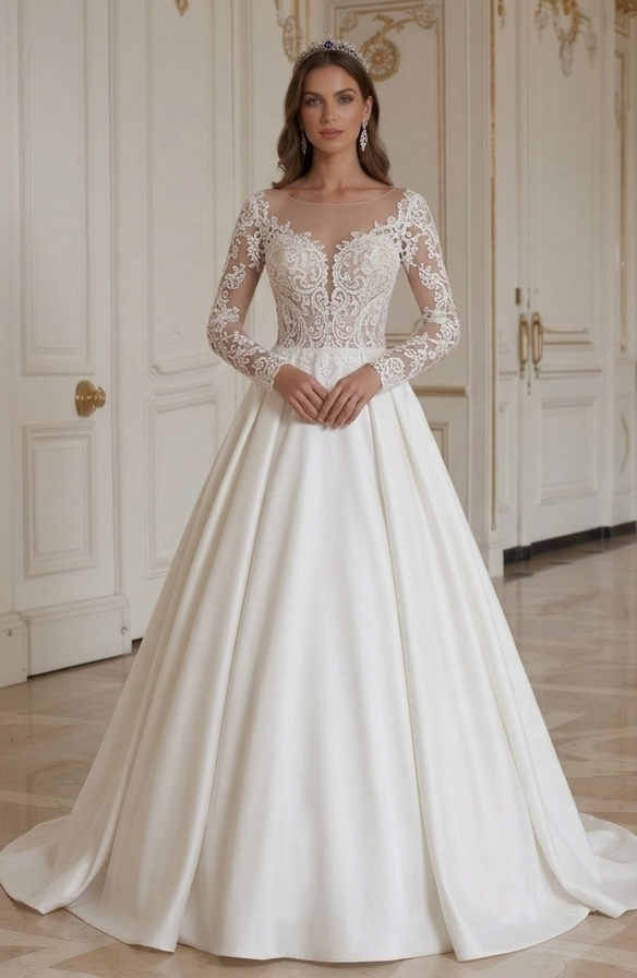 Princess Wedding Dress Long Sleeve Lace Royal Bridal Gown