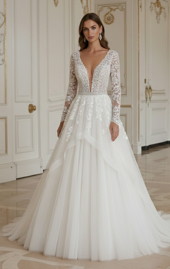 Prinzessin Brautkleid mit tiefem V-Ausschnitt Modern