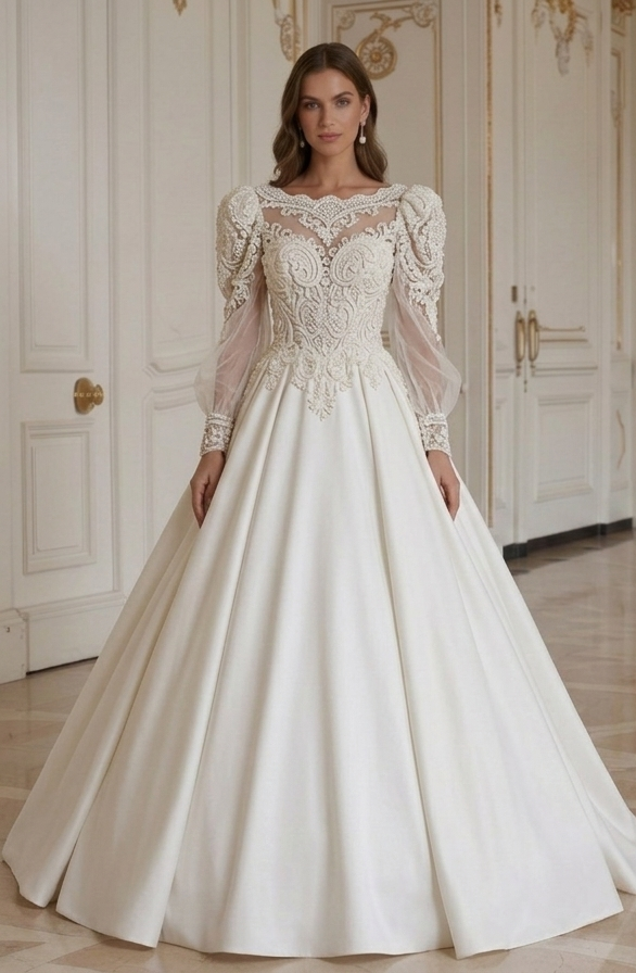 Prinsess Brudklänning Med Broderad Spetsliv