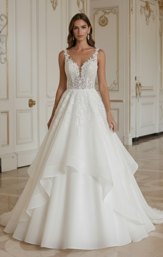 Rochie de mireasă prințesă cu fustă fluidă din organza