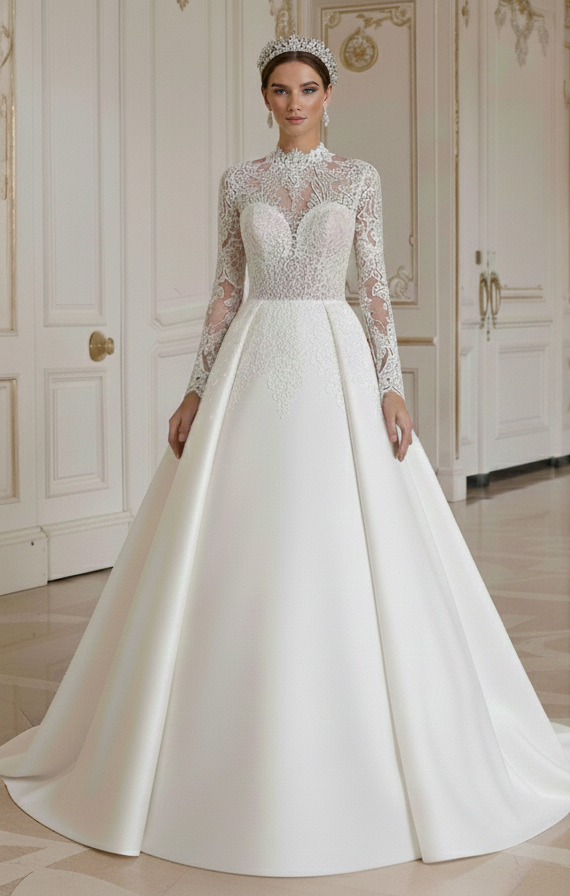 Rochie de mireasă prințesă cu design regal cu guler înalt