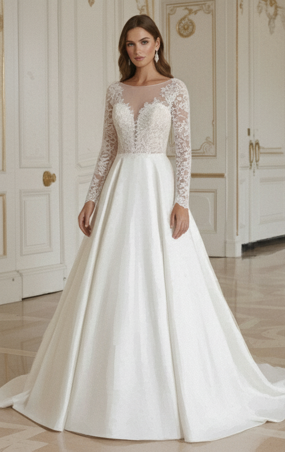 Rochie de mireasă prințesă cu decolteu modest cu efect de iluzie