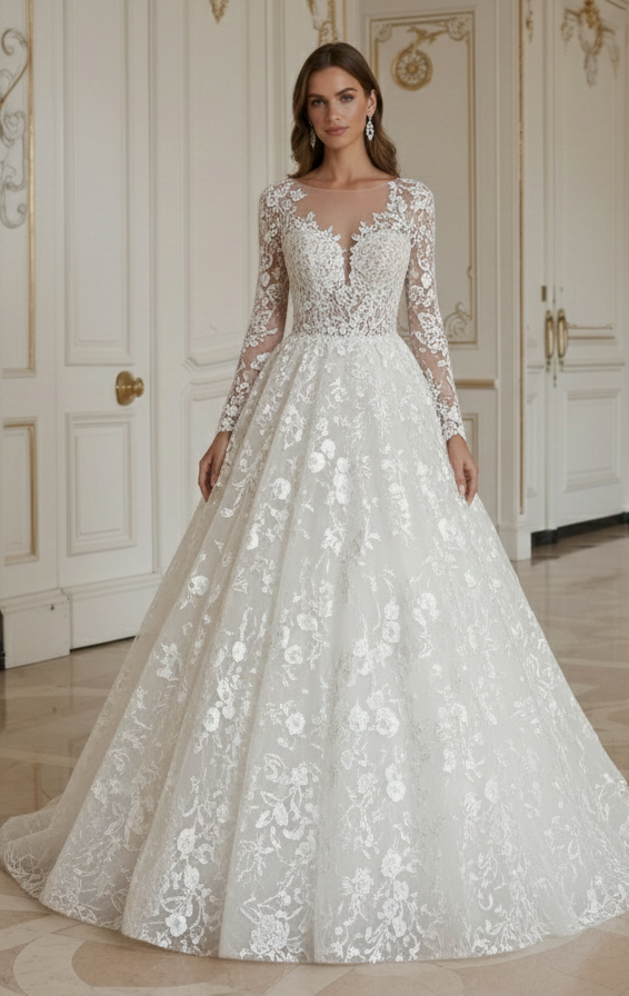 Rochie de mireasă prințesă cu dantelă florală romantică