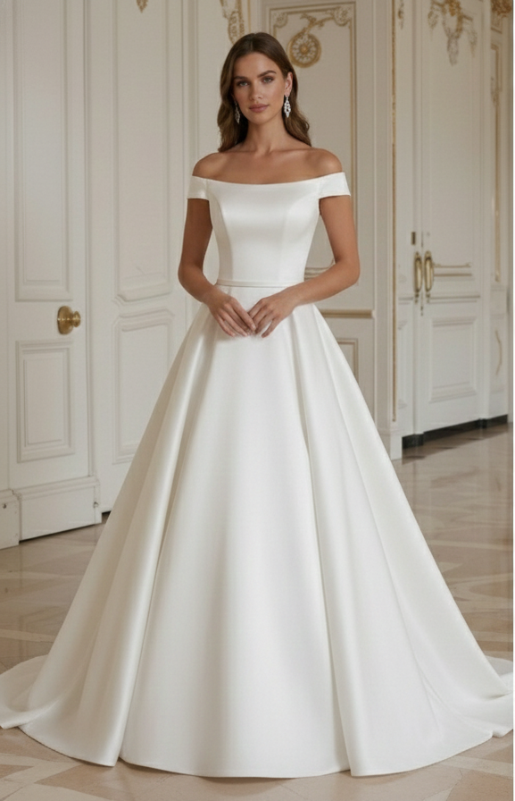 Rochie de mireasă prințesă cu satin ivoire atemporal