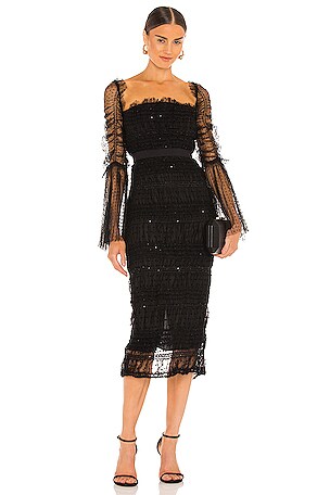 Robe Midi VC pour Femmes à Pois, Patchwork en Tulle Drapé et Pailleté, Manches Longues, Col Carré, Halter, Robe Bandage Noire