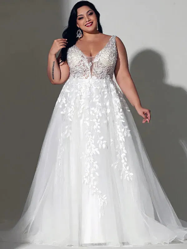 Lace Boho Wedding Dresses For Plus Size Women Bride Sleeveless A Line Ivory V Neck White Curve Bridal Gown 50cm Boho Plus Size
