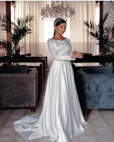 Muslim Wedding Dress Satin A Line Long Sleeve White Bridal Dress vestidos de novia Princess Wedding Gowns Plus Size White Satin