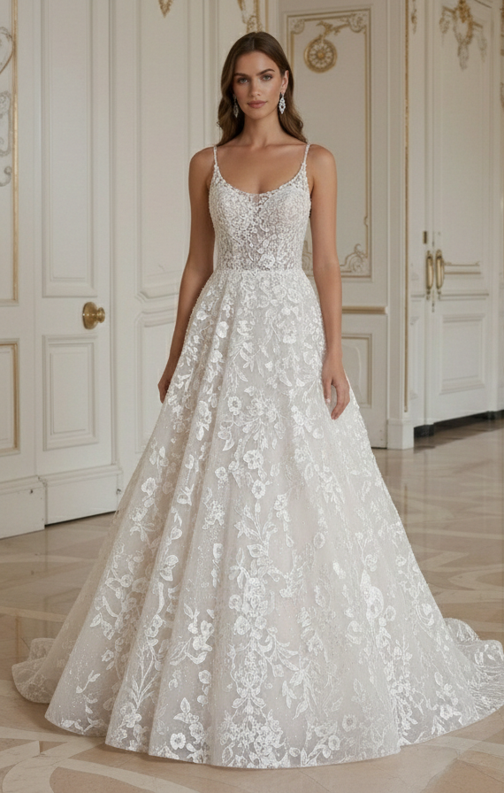 Romantic A-Line Wedding Dress Floral Applique Bridal
