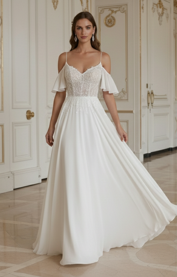 Rochie de mireasă romantică pentru plajă Fluidă și delicată