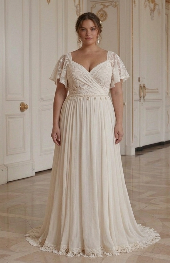 Romantische Boho Bruidsjurk Voor Plus Size Bruiden Kant Strandstijl