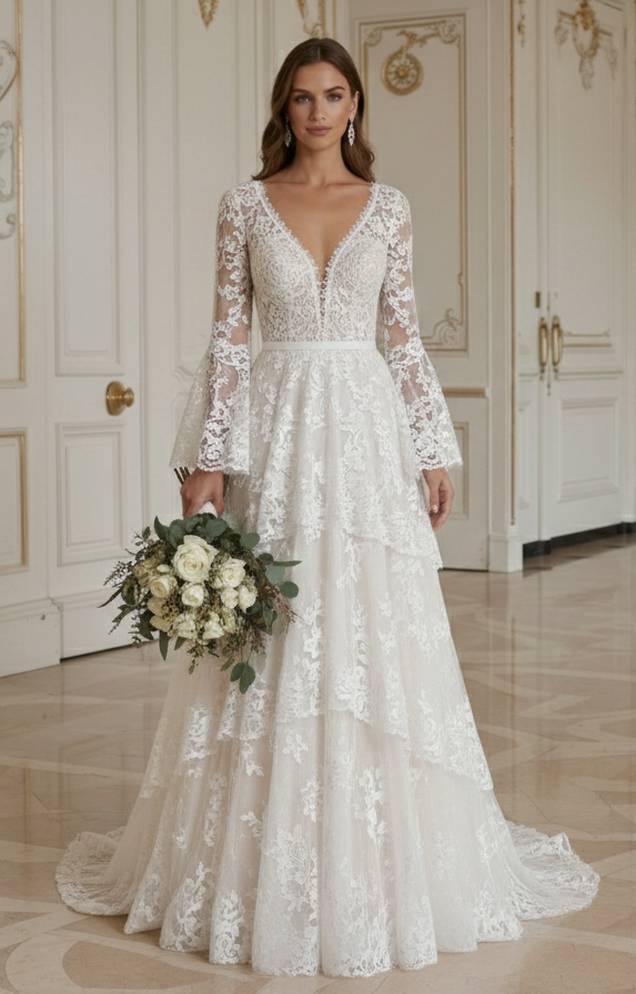 Romantisches Boho Hochzeitskleid Weiche Spitze Brautkleid