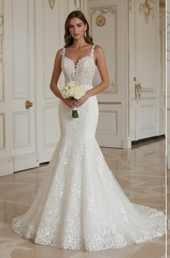 Romantisches Meerjungfrau-Brautkleid Blumenapplikation