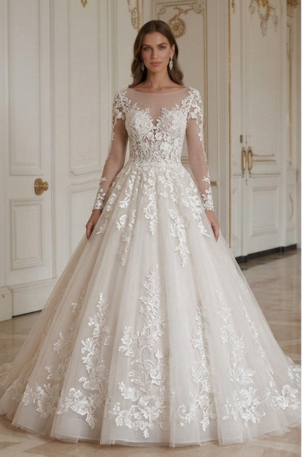 Romantic Princess Wedding Dress Floral Lace Ball Gown