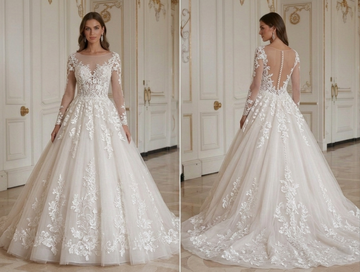Vestido de Noiva Princesa Romântico em Renda Floral Modelo Ball Gown