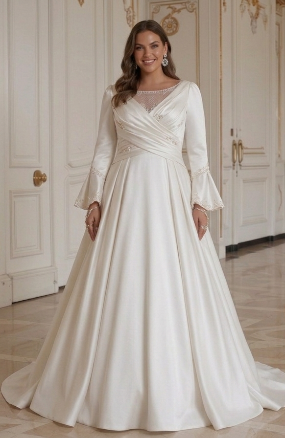 Romantische satijnen trouwjurk voor volle figuur bruid elegante bruidsstijl