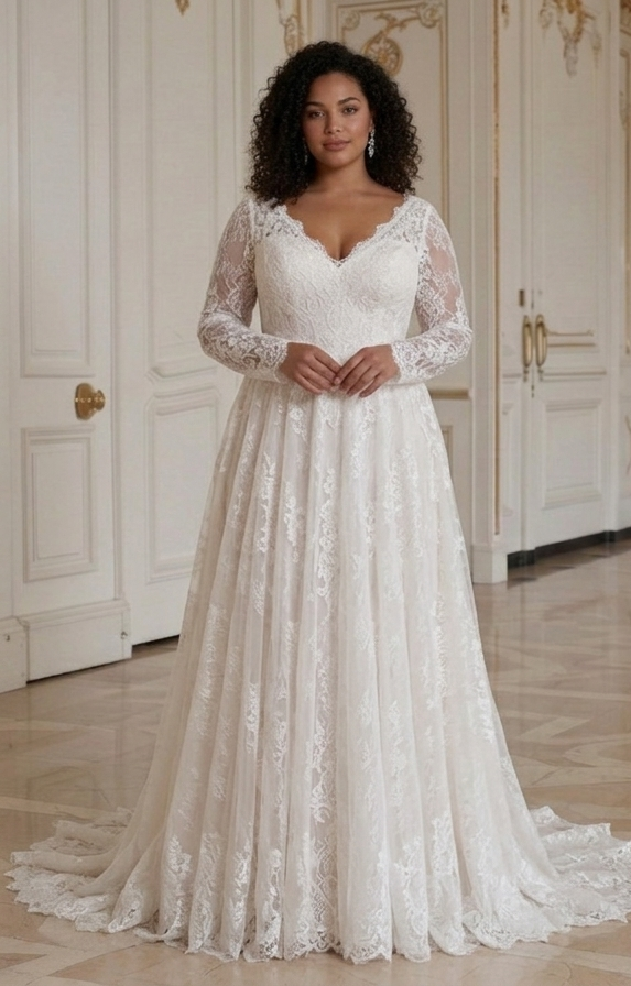 Romantisches Hochzeitskleid für Braut in Übergröße, weicher Spitzenstil