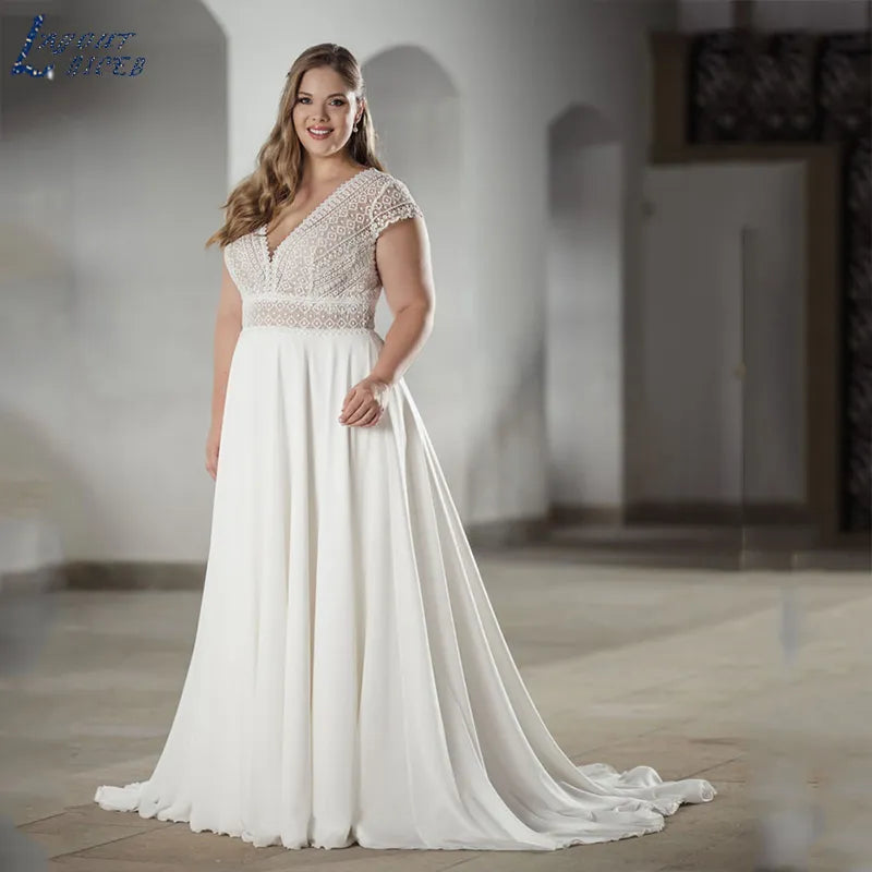 Elegant V-Neck Wedding Dress Short Sleeves Backless Chiffon Bride Gowns A-Line Plus Size Bridal Vestidos Para Mujer