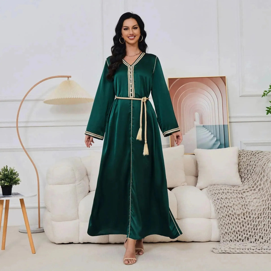 Abaya for Women Arab Dubai Muslim Women's Dress New V-neck Long Sleeves Dress with Tassel Belt Ramadan Gurban Women Abaya
