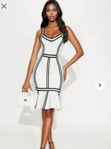 Women Sleeveless Sexy Square Collar Patchwork Bodycon Bandage Midi Dress Nightclub Party Celebrate Birthday Outfit