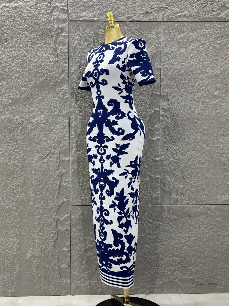 Women Short Sleeve Sexy Blue Jacquard Bodycon Long Bandage Dress Elegant Evening Party Occation Office Wear