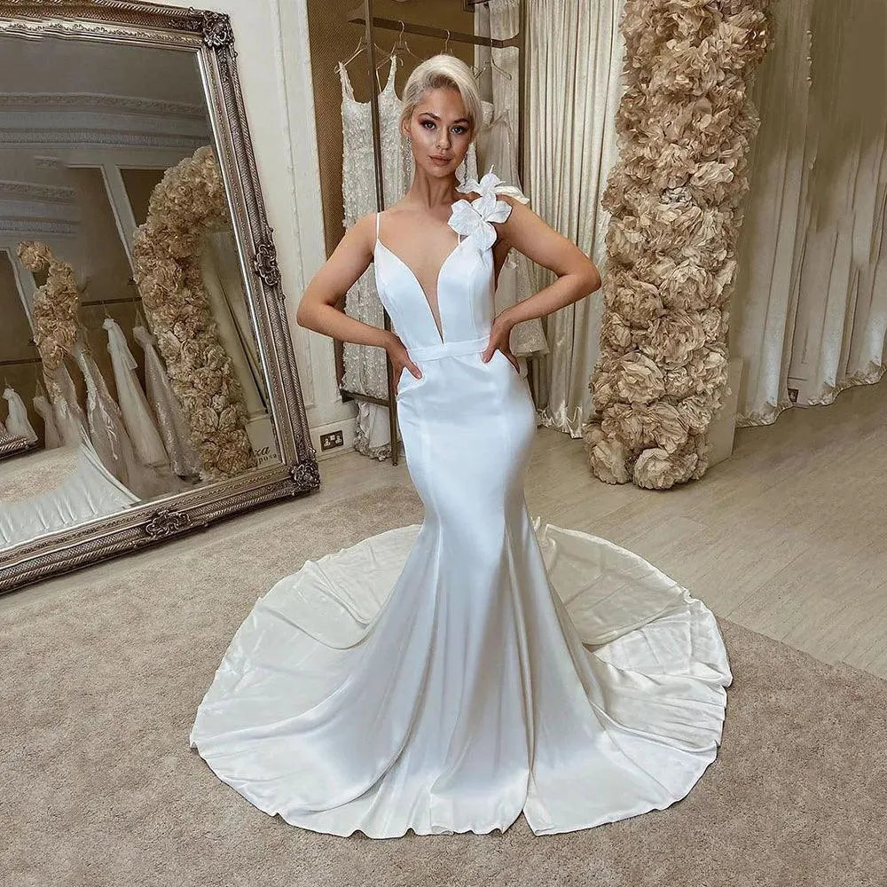 SoDigne Elegant Mermaid Wedding Dresses For Brides Deep V Neck Bride Dress Train 3D Flower Backless Bridal Wedding Gown Mermaid