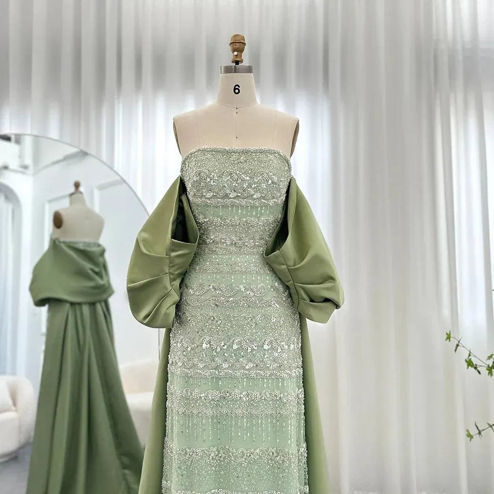 Luxury Dubai Sage Green Evening Dresses with Cape Arabic Blue Sky Lilac Elegant Women Wedding Party Gowns Sage Green Evening Dress