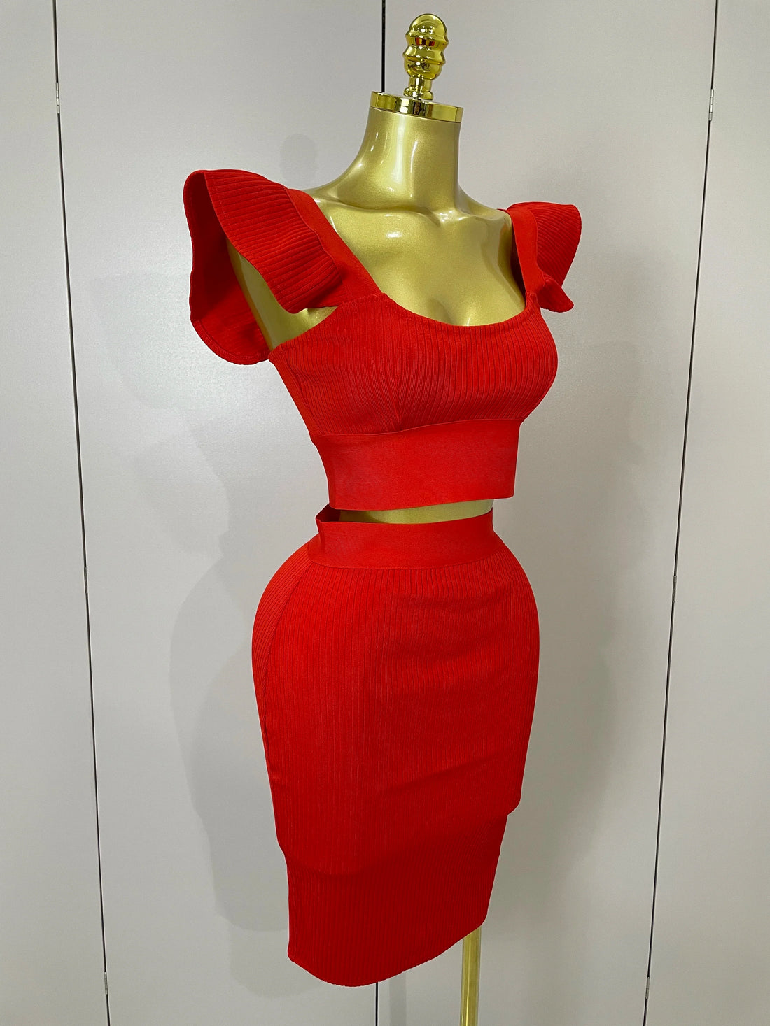 Women  New Sexy Backless Ruffles Red Bandage Two Pices Set  Celebrity Evening Elegance Birthday Party Dress