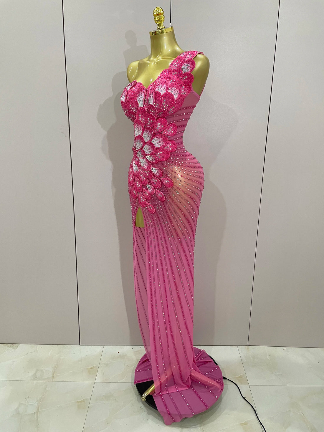 Luxury Shinning Rhinestones Flowers Sexy One Shoulder Bodycon Maxi Long Dress 2025 Women Evening Birthday Party Stage Costume