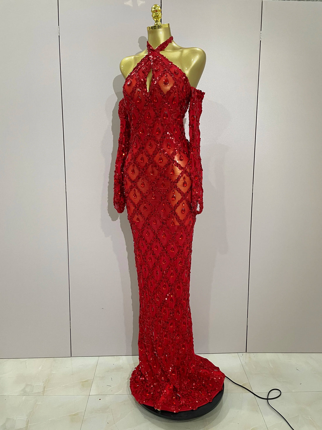 Sexy Sparkly Rhinestones Halter Mesh Long Dress With Gloves 2025 Women Celebrate Evening Wedding Prom Birthday Dress Shoot Wear