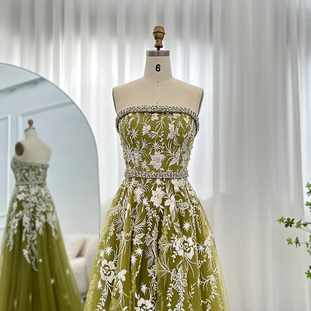 Vestidos de noche de lujo de color verde oliva de Dubái para mujer, vestidos de fiesta de boda elegantes árabes sin tirantes, vestidos formales de graduación 