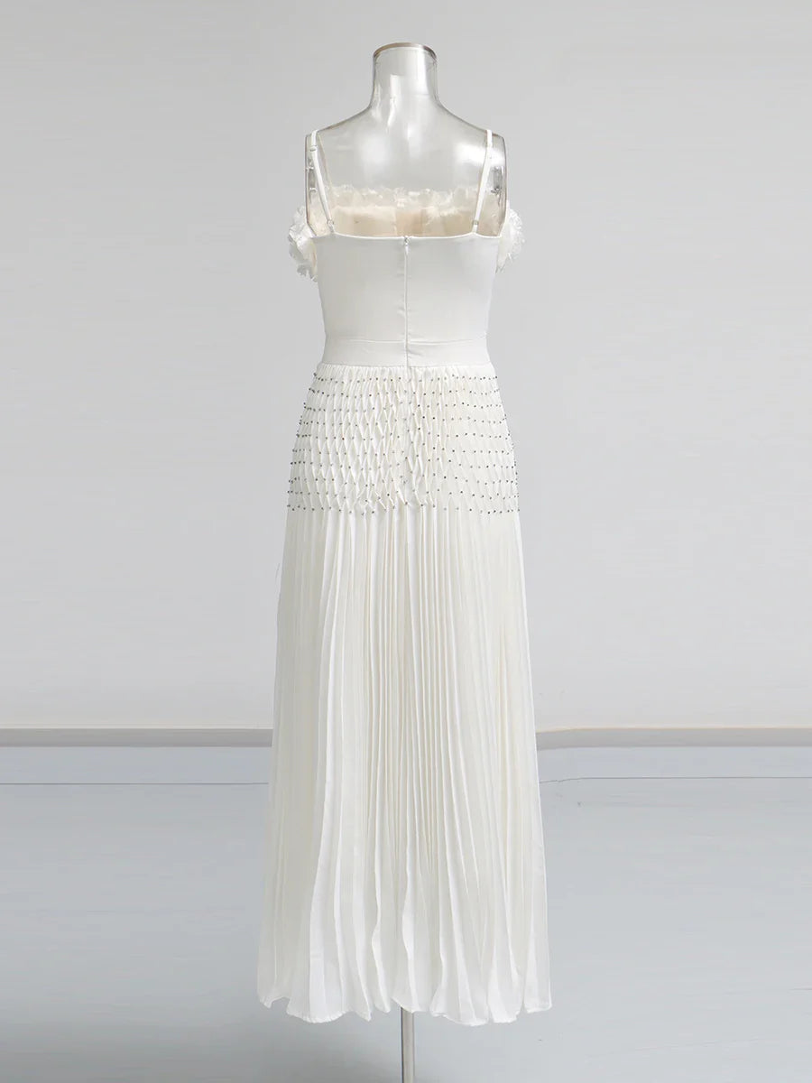 Solid Spliced Appliques Elegant Dresses for Women Deep V Neck Sleeveless Patchwork Folds Dress Female Fashion New