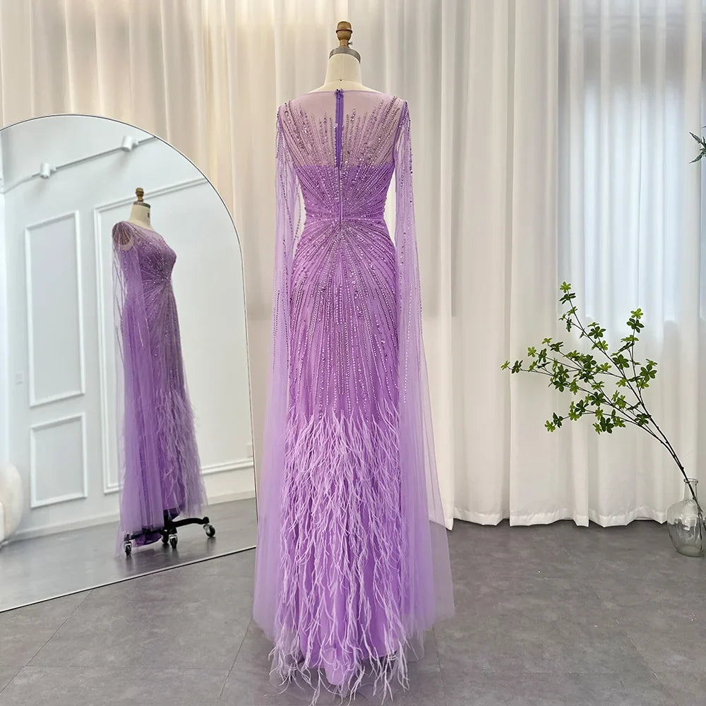 Luxury Dubai Lilac Feathers Evening Dresses with Cape Sleeves Arabic Long Women Wedding Party Prom Dress