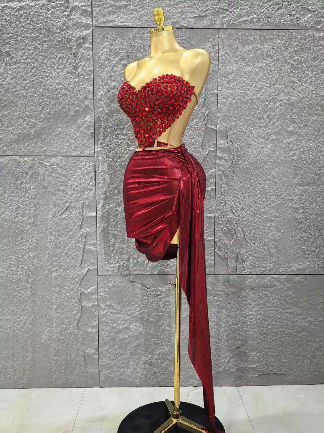 Shinning Crystal Women Sexy Strapless Laced-up 2 Pieces Bodycon Mini Dress Celebrate Nightclub Party Bar Singer Stage Wear