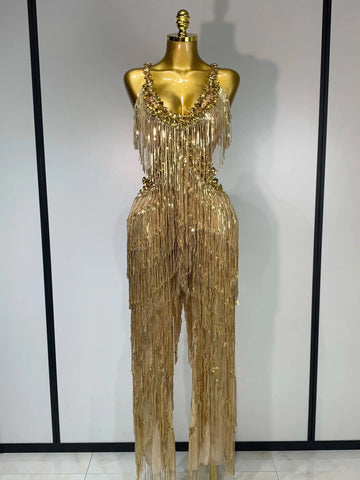 Women Sparkly Glod Rhinestones Sequined Fringe jumpsuit Sexy Nightclub Party Birthday Outfit Show Singer Stage Perform Costume