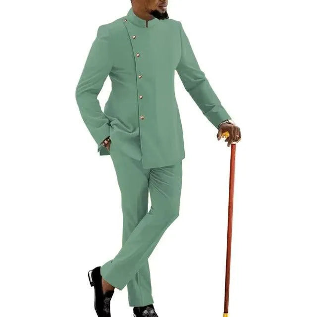 Gwenhwyfar New African Design Men Suits Sky Blue Long Sleeve Jacket and Pants 2 Pieces Set African Mens Party Costume Homme