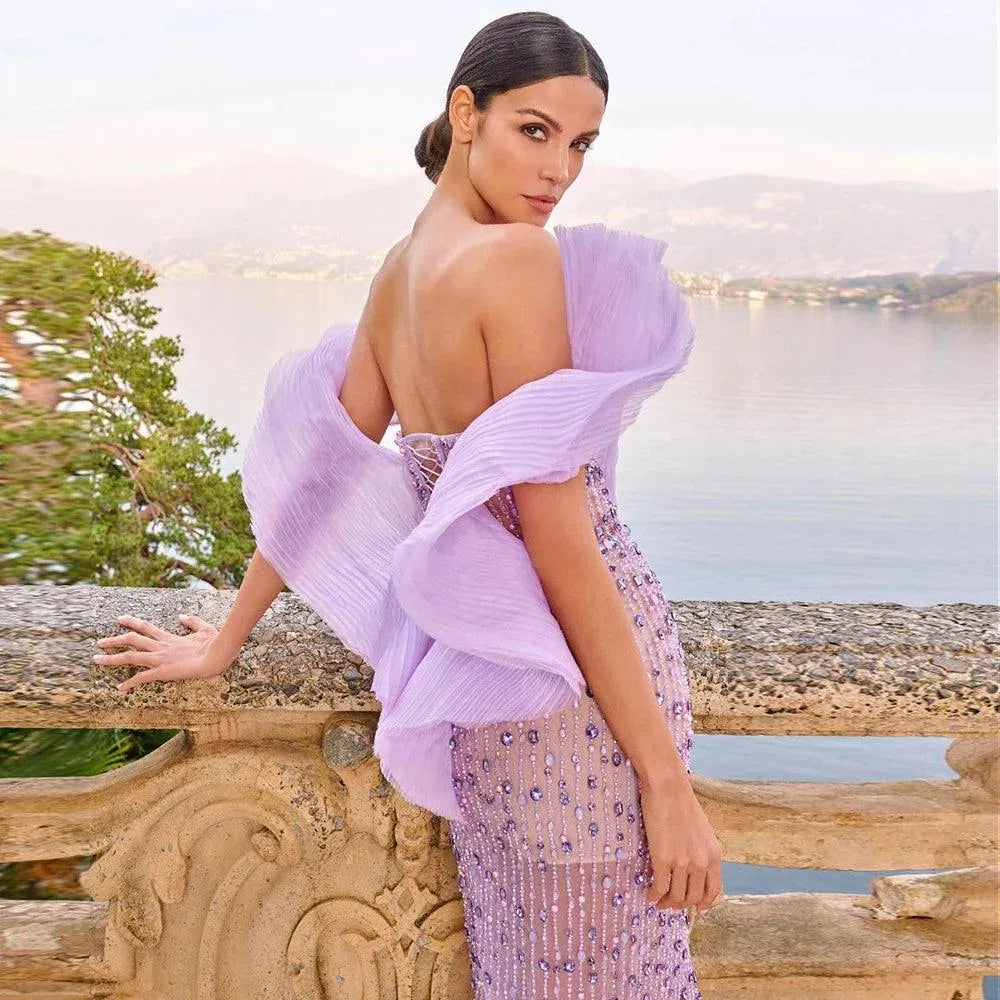 Luxury Dubai Lilac Long Evening Dress for Women Wedding Party Elegant Off Shoulder Arabic Formal Prom Gown Evening Dress