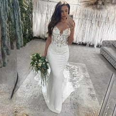 Robes de mariée de sirène de luxe Femmes chérie ouverte arrière en dentelle Bridal Balay Train Long Vestidos de Novia