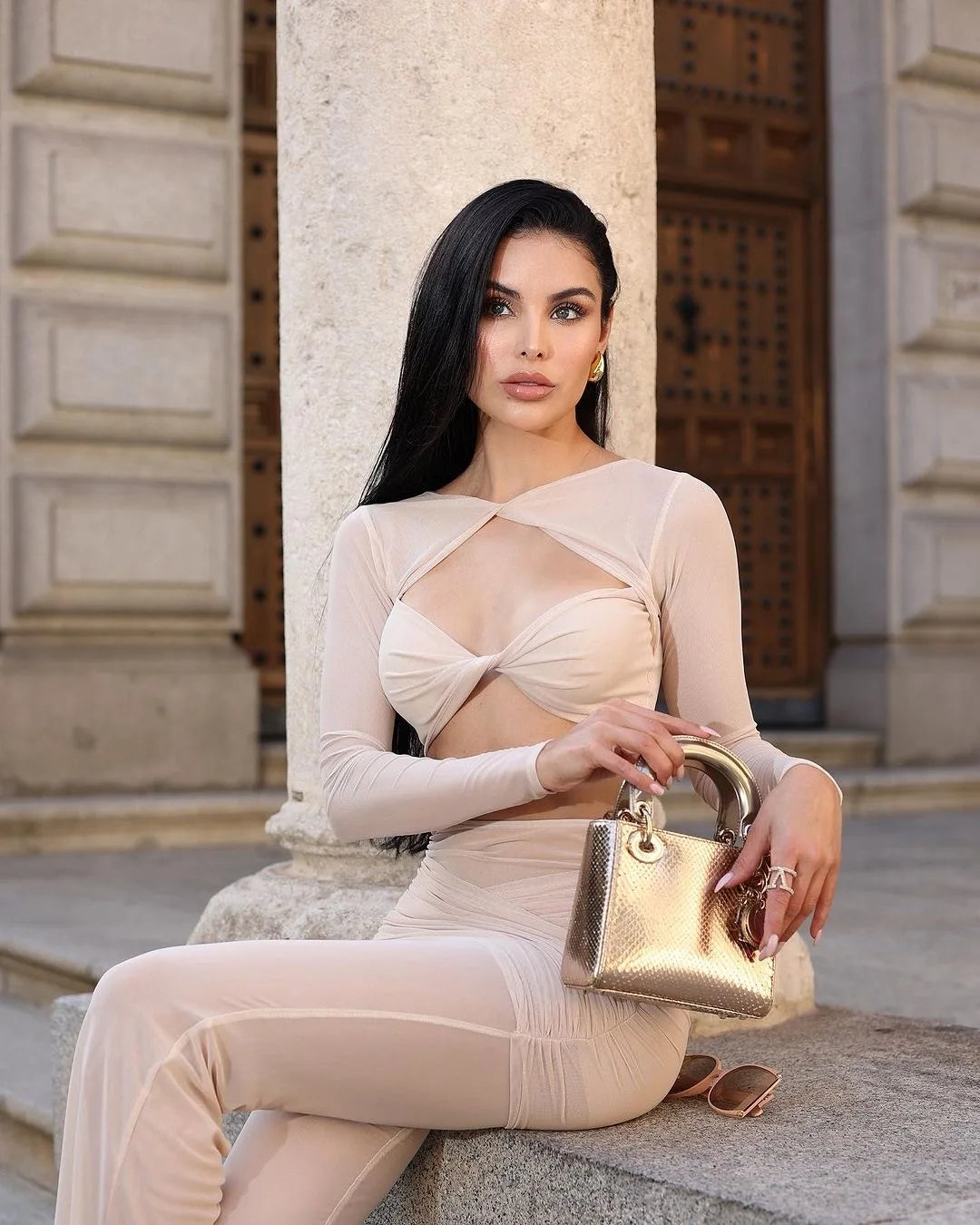 New Spring Mesh See Through Women Set Sexy Hollow Out Short Top And Flare Pants 2 Pieces High Stree Wear Evening Party Vestido