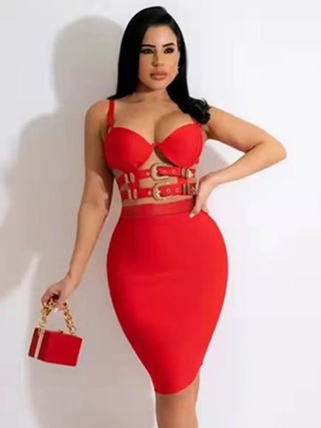 3 Colors Women Sexy Tops Skirts Set Rayon Bandage Fashion Nightclub Party Wear Women's Set High Quality