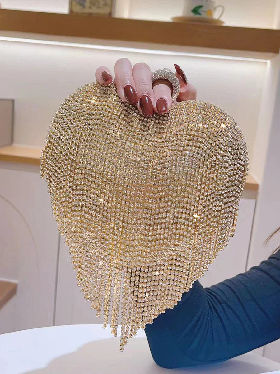 Rhinestone Clutch Heart Shape Luxury Tassel Evening Purse Bag Diamond Wedding Party Handbag Sliver Gold Handle Evening Bag